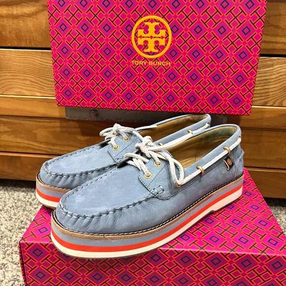Tory Burch Joey Platform Boat Shoes Nubuck Blue Leather NEW in Box Women's 9.5 - Picture 2 of 14